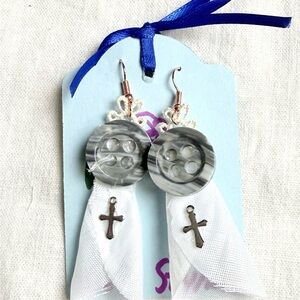 Gray Button Earrings with Cross Charm